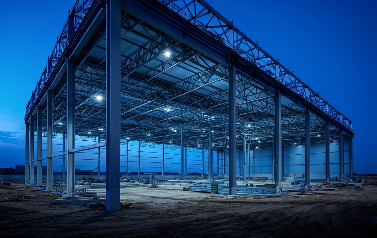 Structural steel framework at dusk
